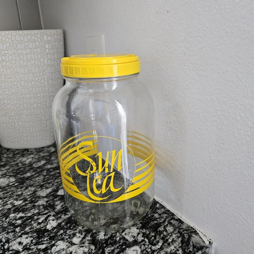 vintage sun tea‎ jar glass gallon iced tea bright yellow with lid